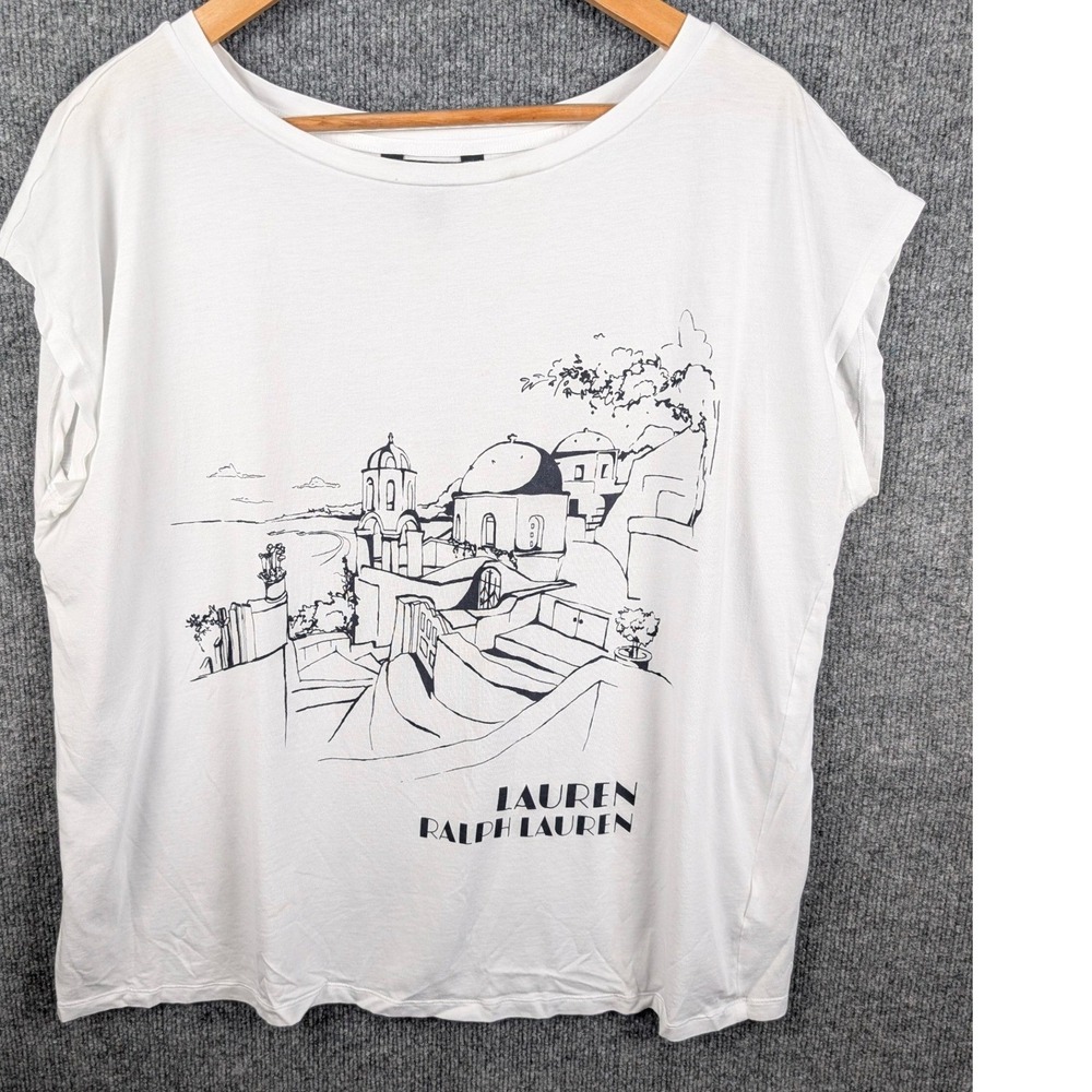 Lauren Ralph Lauren Women 2X White Graphic Tee Scenic Coastal Art Deco